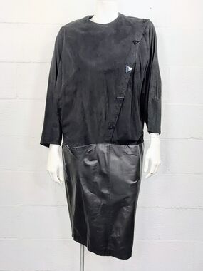 Leathercraft Process Vintage 80's Black Leather & Suede Drop Waist Dress